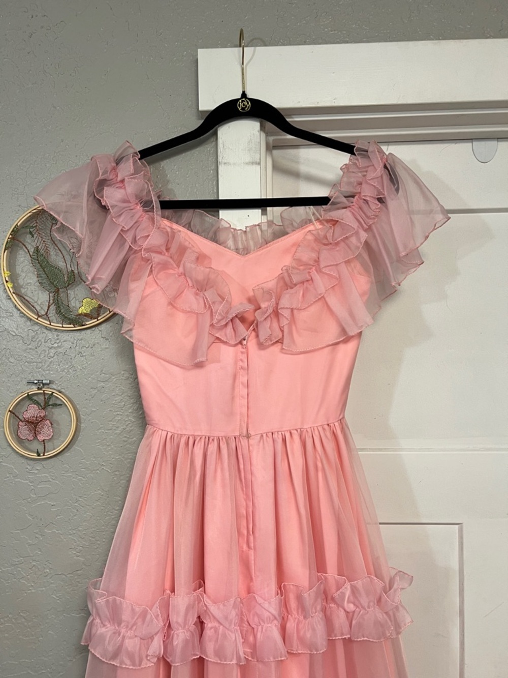 1970’s VINTAGE UNION MADE PINK RUFFLE COQUETTE BRIDGERTON STYLE GOWN DRESS - Picture 6 of 16